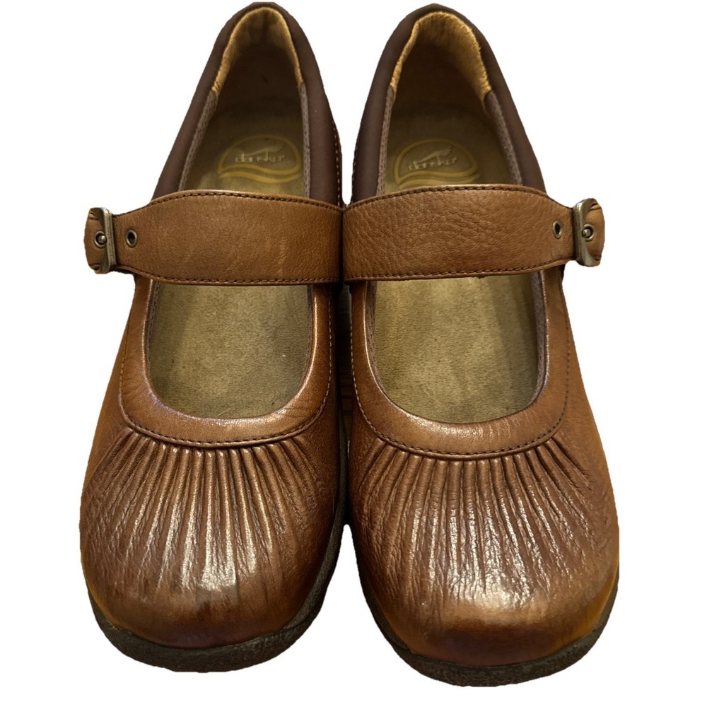 Dansko "Kitty" Brown Full Grain Leather Pleated Mary Jane Buckle 40 Comfort Work